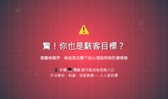 驚！你也是駭客目標？手機、電腦別亂點！為何再聰明的人也中招？揭露無國界、無差異攻擊下的心理陷阱與防禦策略！Shock! Are You a Hacker’s Target? Don’t Click Recklessly on Your Phone/Computer! Unveiling Psychological Traps and Defense Strategies in Borderless, Undifferentiated Attacks!
